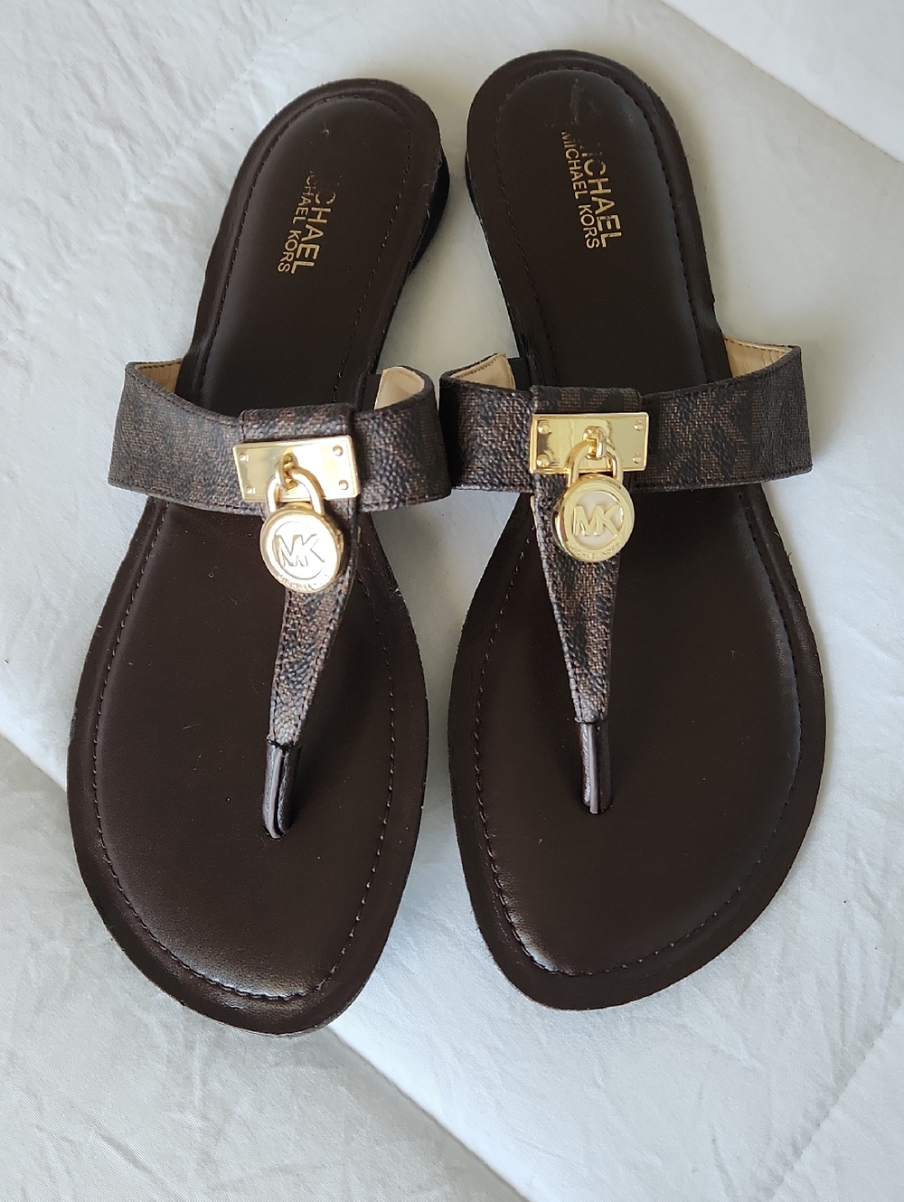 Michael Kors Dark Brown Logo Thong Sandals with Gold Accents